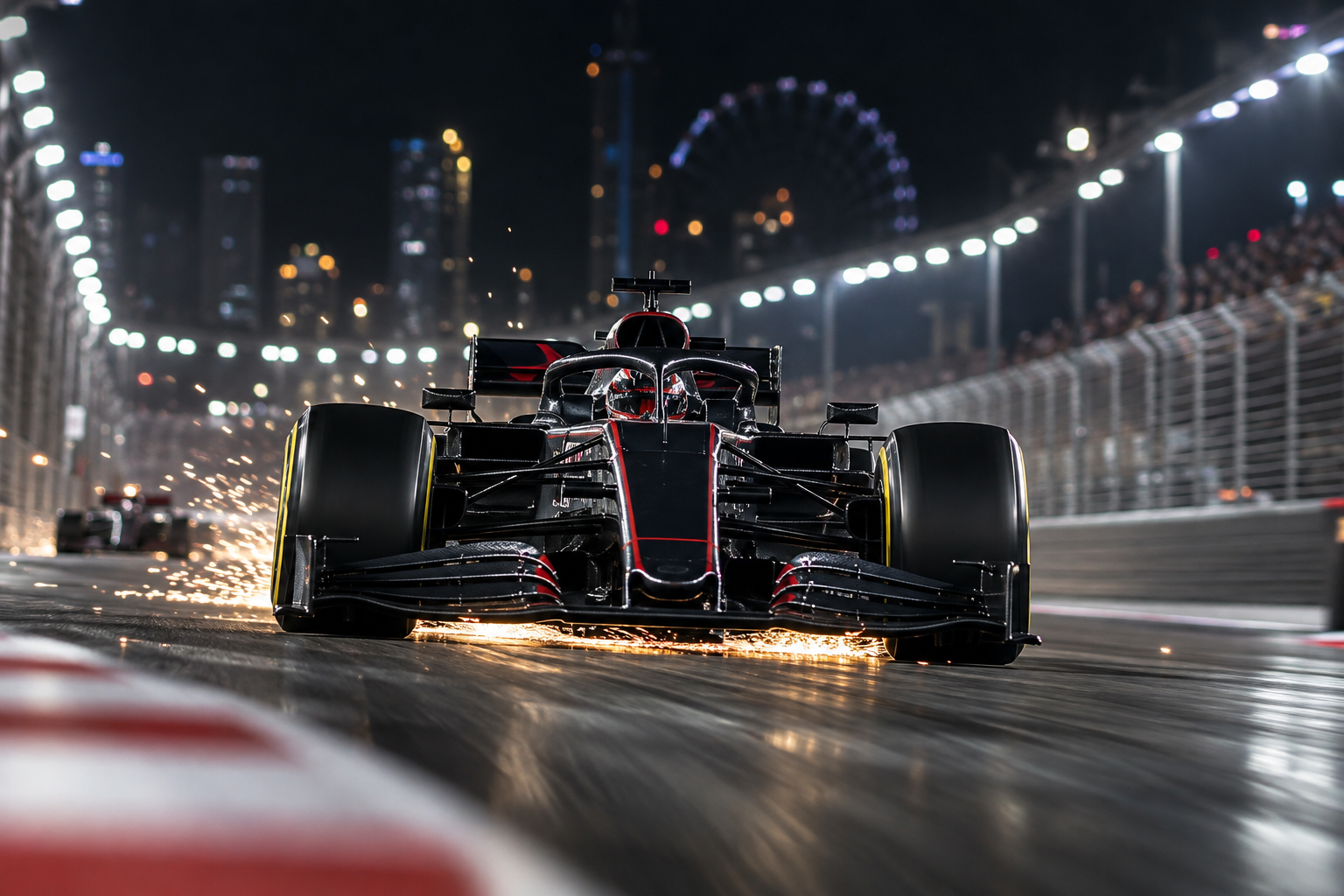 F1赛车在夜间赛道高速行驶的比赛画面